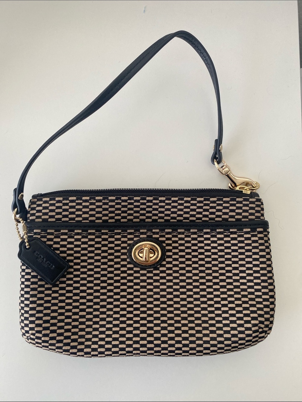 Coach Woven Checker Wristlet in Black and Cream with Gold Turn-Lock